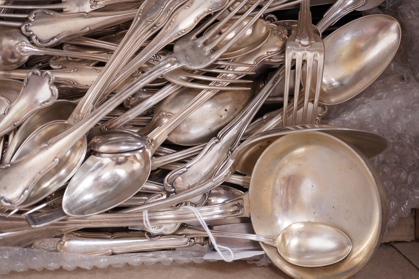 A harlequin part canteen of mainly early 20th century Italian 800 standard white metal Venetian pattern cutlery, comprising eighty items